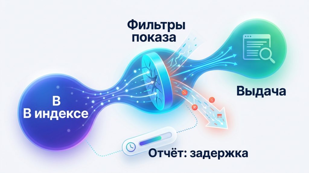 Схема, почему страница в индексе Search Console не показывается в поиске: индекс, четыре фильтра показа, выдача и отстающий отчёт
