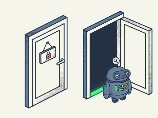 Две двери на обложке статьи о том, почему страница не индексируется в Google: одна закрыта табличкой владельца, вторая открыта, но робот в неё не зашёл