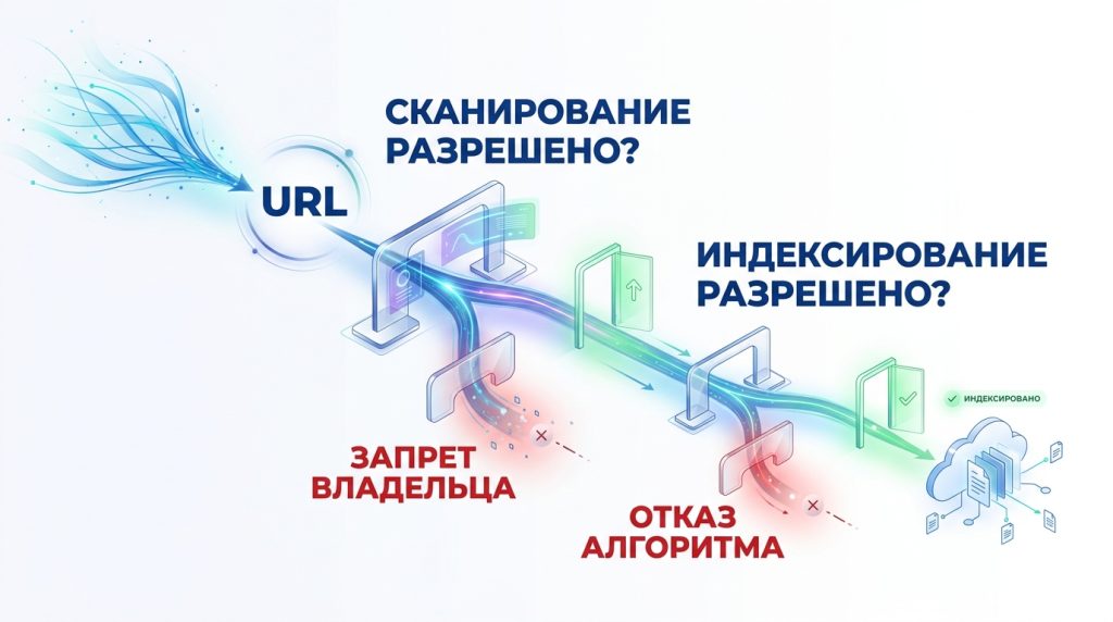 Схема-развилка: страница не индексируется в Google — три проверки разделяют запрет владельца (noindex, X-Robots-Tag, robots.txt) и отказ алгоритма