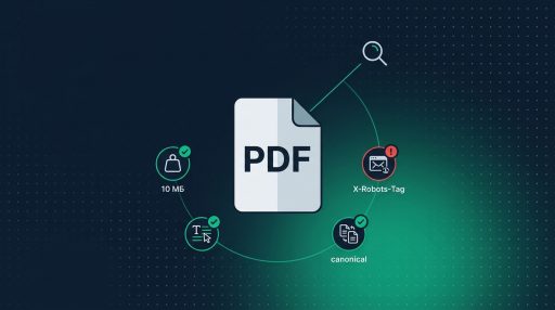 Иконка PDF-документа в окружении четырёх индикаторов технического аудита — размер 10 МБ, текстовый слой, X-Robots-Tag и canonical — на тёмно-синем фоне, один индикатор подсвечен красным