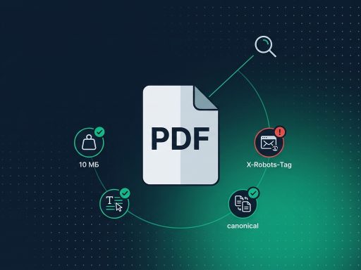 Иконка PDF-документа в окружении четырёх индикаторов технического аудита — размер 10 МБ, текстовый слой, X-Robots-Tag и canonical — на тёмно-синем фоне, один индикатор подсвечен красным