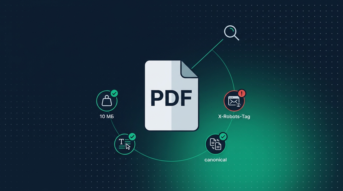 Иконка PDF-документа в окружении четырёх индикаторов технического аудита — размер 10 МБ, текстовый слой, X-Robots-Tag и canonical — на тёмно-синем фоне, один индикатор подсвечен красным